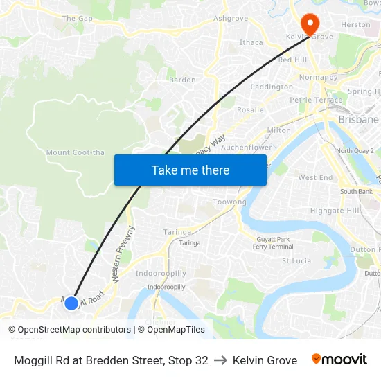 Moggill Rd at Bredden Street, Stop 32 to Kelvin Grove map