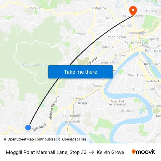 Moggill Rd at Marshall Lane, Stop 33 to Kelvin Grove map