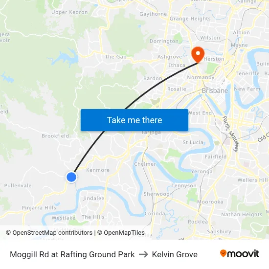 Moggill Rd at Rafting Ground Park to Kelvin Grove map