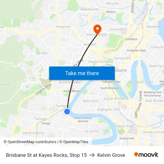 Brisbane St at Kayes Rocks, Stop 15 to Kelvin Grove map