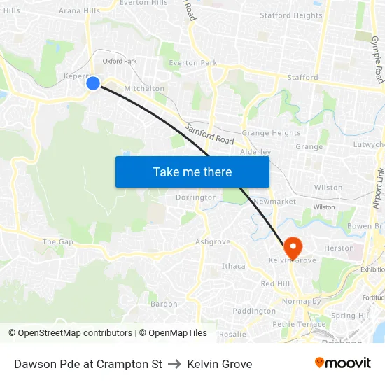 Dawson Pde at Crampton St to Kelvin Grove map