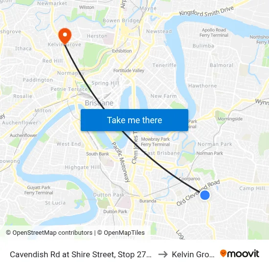 Cavendish Rd at Shire Street, Stop 27/28 to Kelvin Grove map