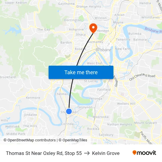 Thomas St Near Oxley Rd, Stop 55 to Kelvin Grove map