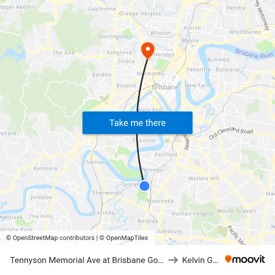 Tennyson Memorial Ave at Brisbane Golf, Stop 36 to Kelvin Grove map