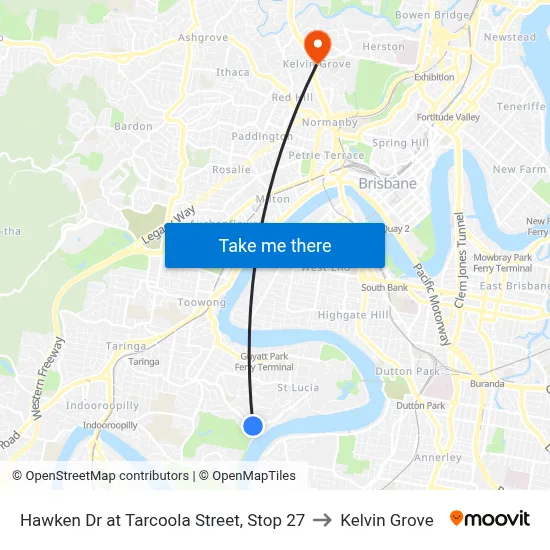 Hawken Dr at Tarcoola Street, Stop 27 to Kelvin Grove map