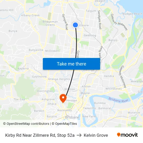 Kirby Rd Near Zillmere Rd, Stop 52a to Kelvin Grove map