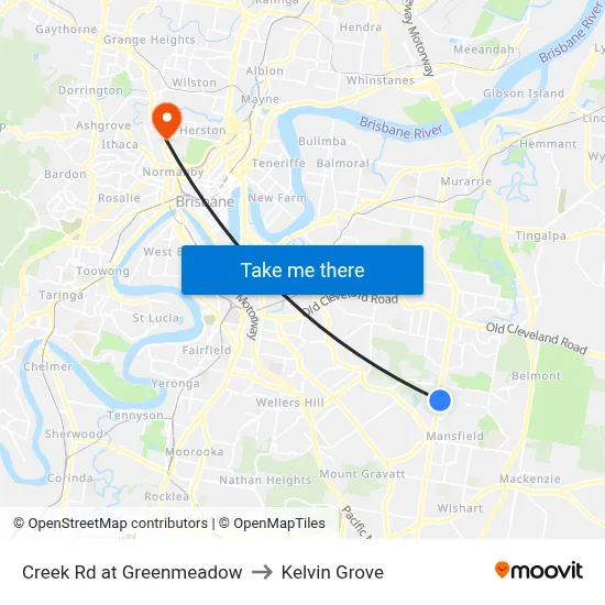 Creek Rd at Greenmeadow to Kelvin Grove map
