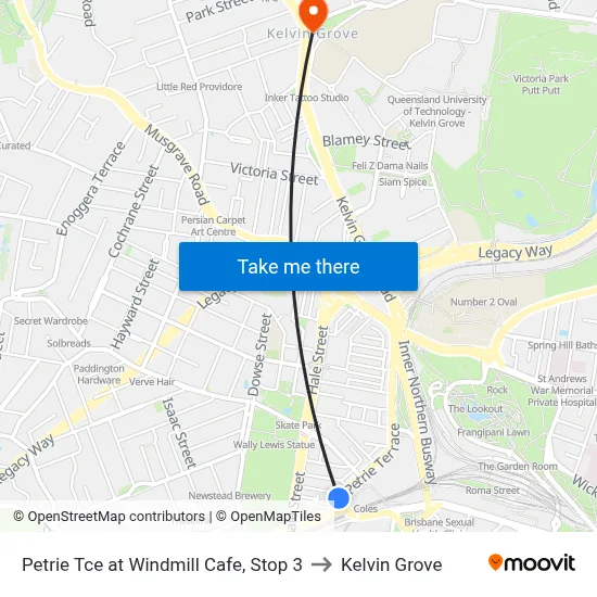 Petrie Tce at Windmill Cafe, Stop 3 to Kelvin Grove map