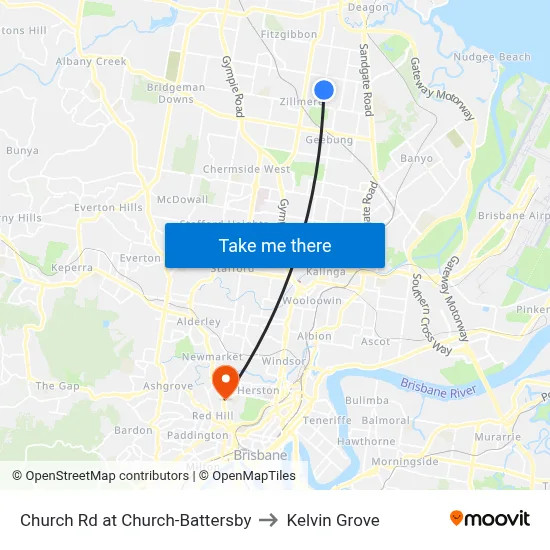 Church Rd at Church-Battersby to Kelvin Grove map