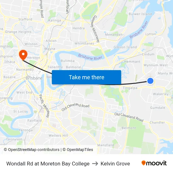 Wondall Rd at Moreton Bay College to Kelvin Grove map
