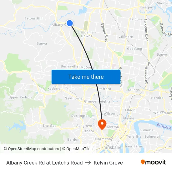 Albany Creek Rd at Leitchs Road to Kelvin Grove map