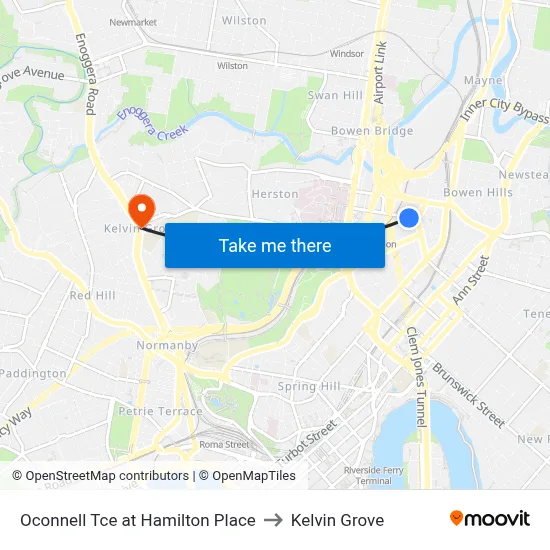 Oconnell Tce at Hamilton Place to Kelvin Grove map