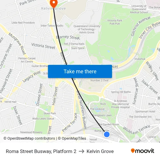 Roma Street Busway, Platform 2 to Kelvin Grove map