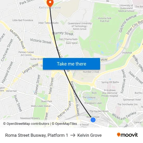 Roma Street Busway, Platform 1 to Kelvin Grove map