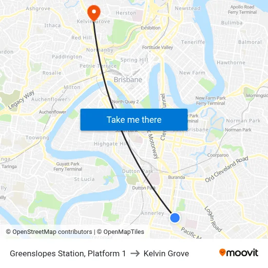 Greenslopes Station, Platform 1 to Kelvin Grove map