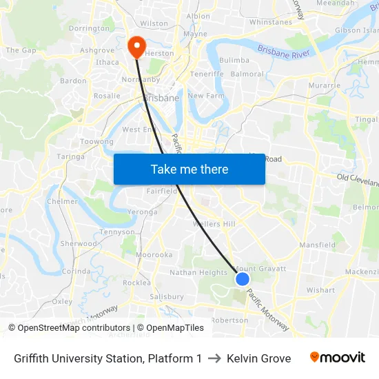 Griffith University Station, Platform 1 to Kelvin Grove map