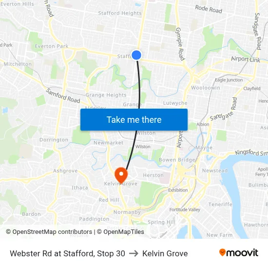 Webster Rd at Stafford, Stop 30 to Kelvin Grove map