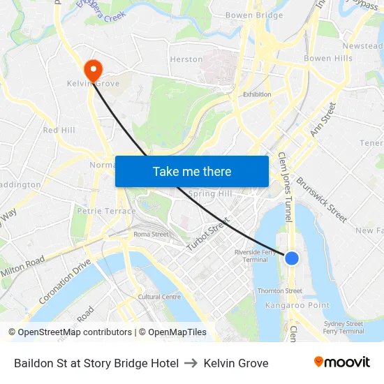 Baildon St at Story Bridge Hotel to Kelvin Grove map