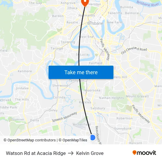 Watson Rd at Acacia Ridge to Kelvin Grove map