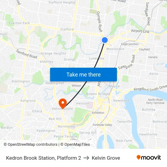 Kedron Brook Station, Platform 2 to Kelvin Grove map
