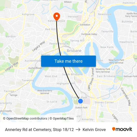 Annerley Rd at Cemetery, Stop 18/12 to Kelvin Grove map