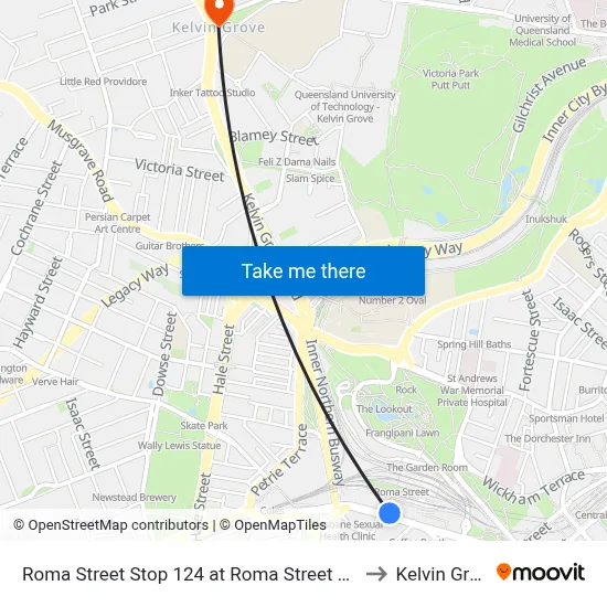 Roma Street Stop 124 at Roma Street Station to Kelvin Grove map