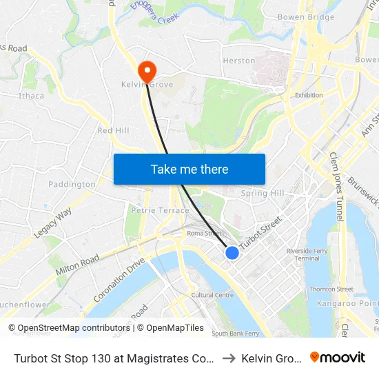 Turbot St Stop 130 at Magistrates Court to Kelvin Grove map