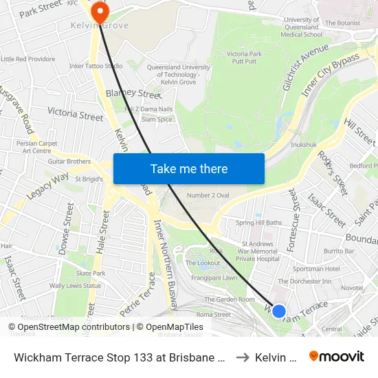 Wickham Terrace Stop 133 at Brisbane Private Hospital to Kelvin Grove map