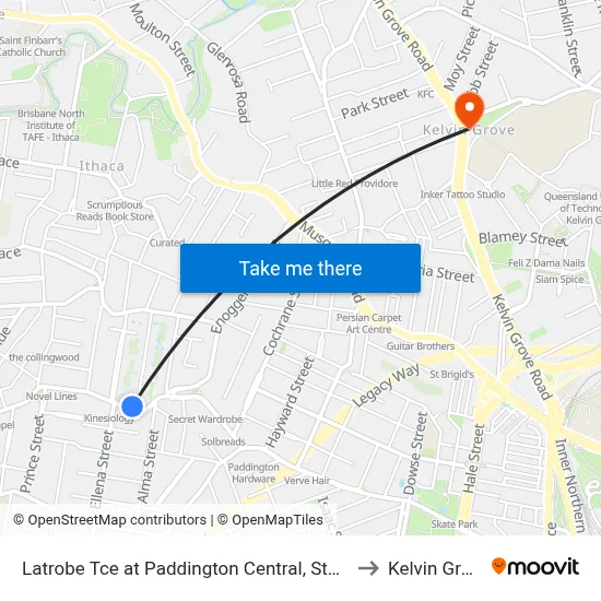 Latrobe Tce at Paddington Central, Stop 10 to Kelvin Grove map
