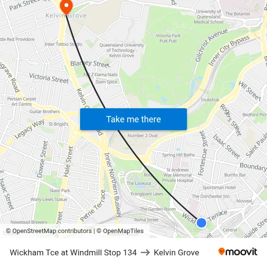 Wickham Tce at Windmill Stop 134 to Kelvin Grove map