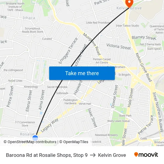 Baroona Rd at Rosalie Shops, Stop 9 to Kelvin Grove map