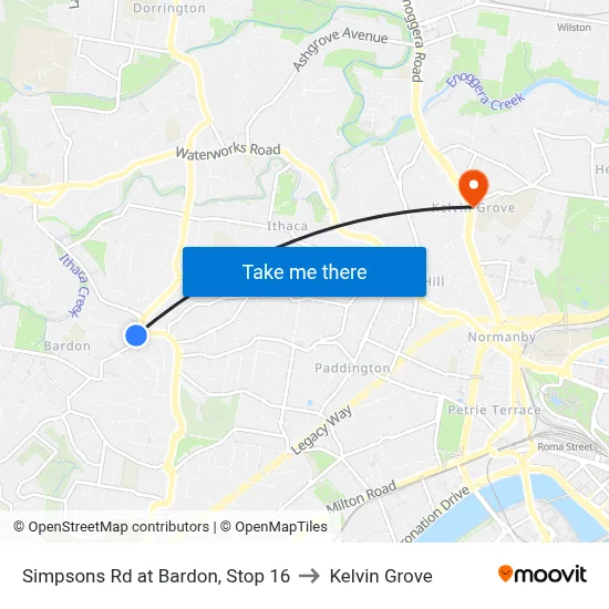 Simpsons Rd at Bardon, Stop 16 to Kelvin Grove map