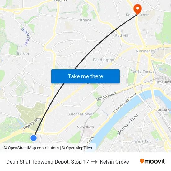 Dean St at Toowong Depot, Stop 17 to Kelvin Grove map