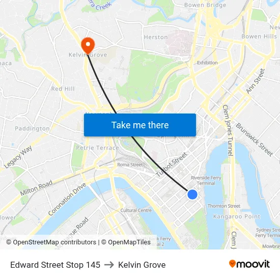 Edward Street Stop 145 to Kelvin Grove map