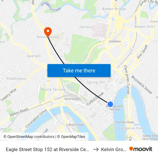 Eagle Street Stop 152 at Riverside Centre to Kelvin Grove map