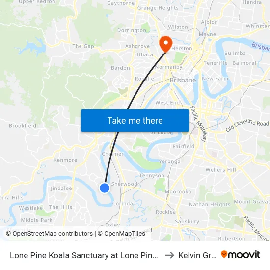 Lone Pine Koala Sanctuary at Lone Pine, Stop 42 to Kelvin Grove map