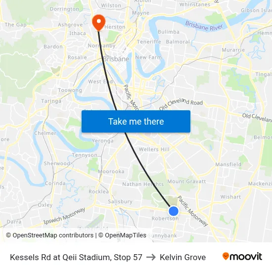 Kessels Rd at Qeii Stadium, Stop 57 to Kelvin Grove map