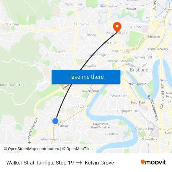 Walker St at Taringa, Stop 19 to Kelvin Grove map