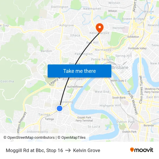 Moggill Rd at Bbc, Stop 16 to Kelvin Grove map