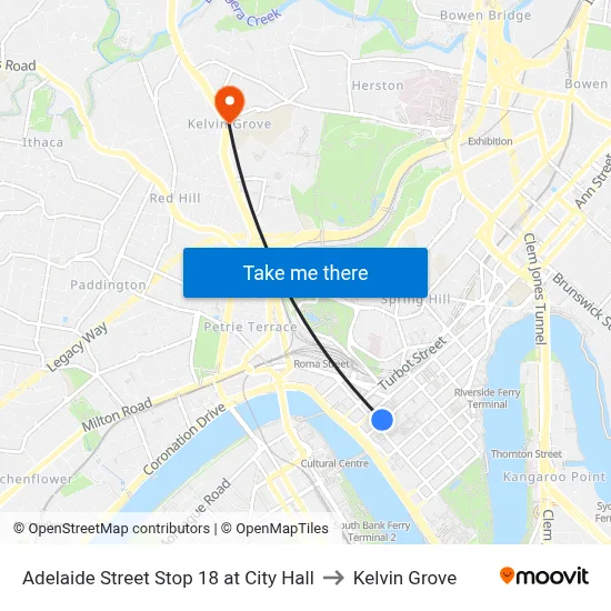Adelaide Street Stop 18 at City Hall to Kelvin Grove map
