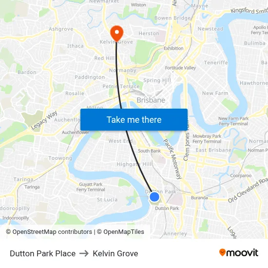 Dutton Park Place to Kelvin Grove map