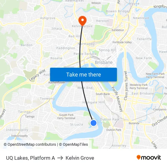 UQ Lakes, Platform A to Kelvin Grove map