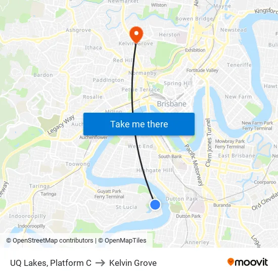 UQ Lakes, Platform C to Kelvin Grove map