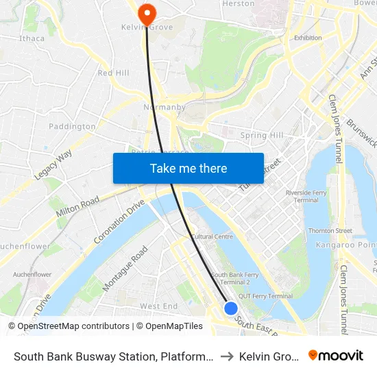 South Bank Busway Station, Platform 1 to Kelvin Grove map