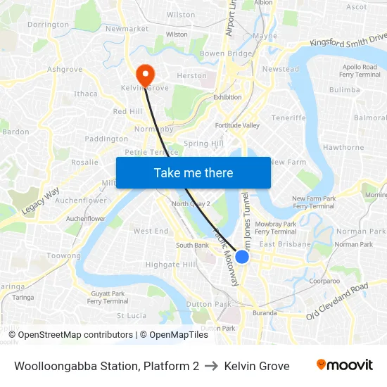 Woolloongabba Station, Platform 2 to Kelvin Grove map