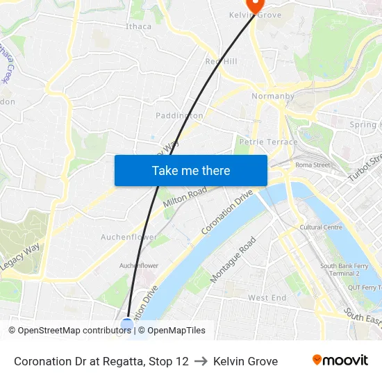 Coronation Dr at Regatta, Stop 12 to Kelvin Grove map