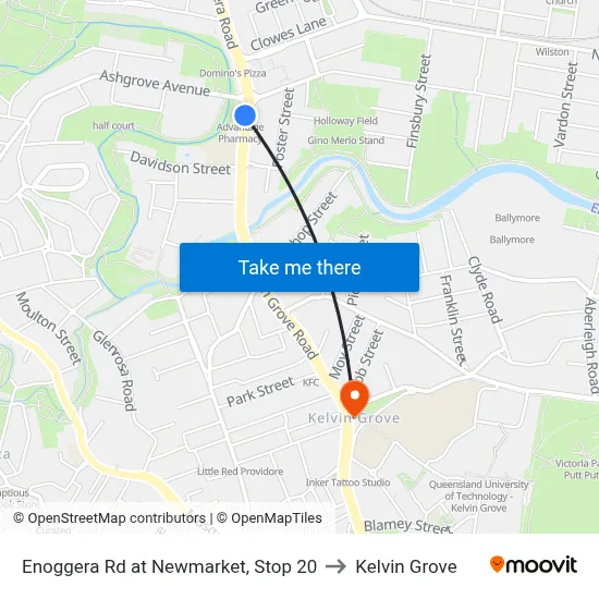 Enoggera Rd at Newmarket, Stop 20 to Kelvin Grove map