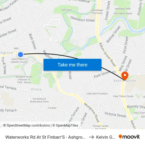 Waterworks Rd At St Finbarr'S - Ashgrove, Stop 16 to Kelvin Grove map