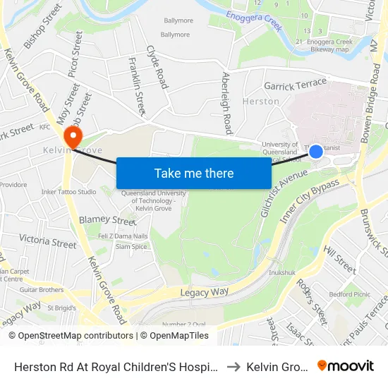 Herston Rd At Royal Children'S Hospital to Kelvin Grove map