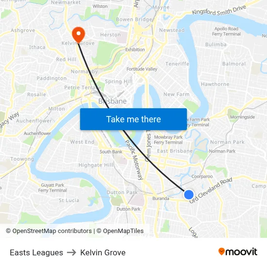 Easts Leagues to Kelvin Grove map